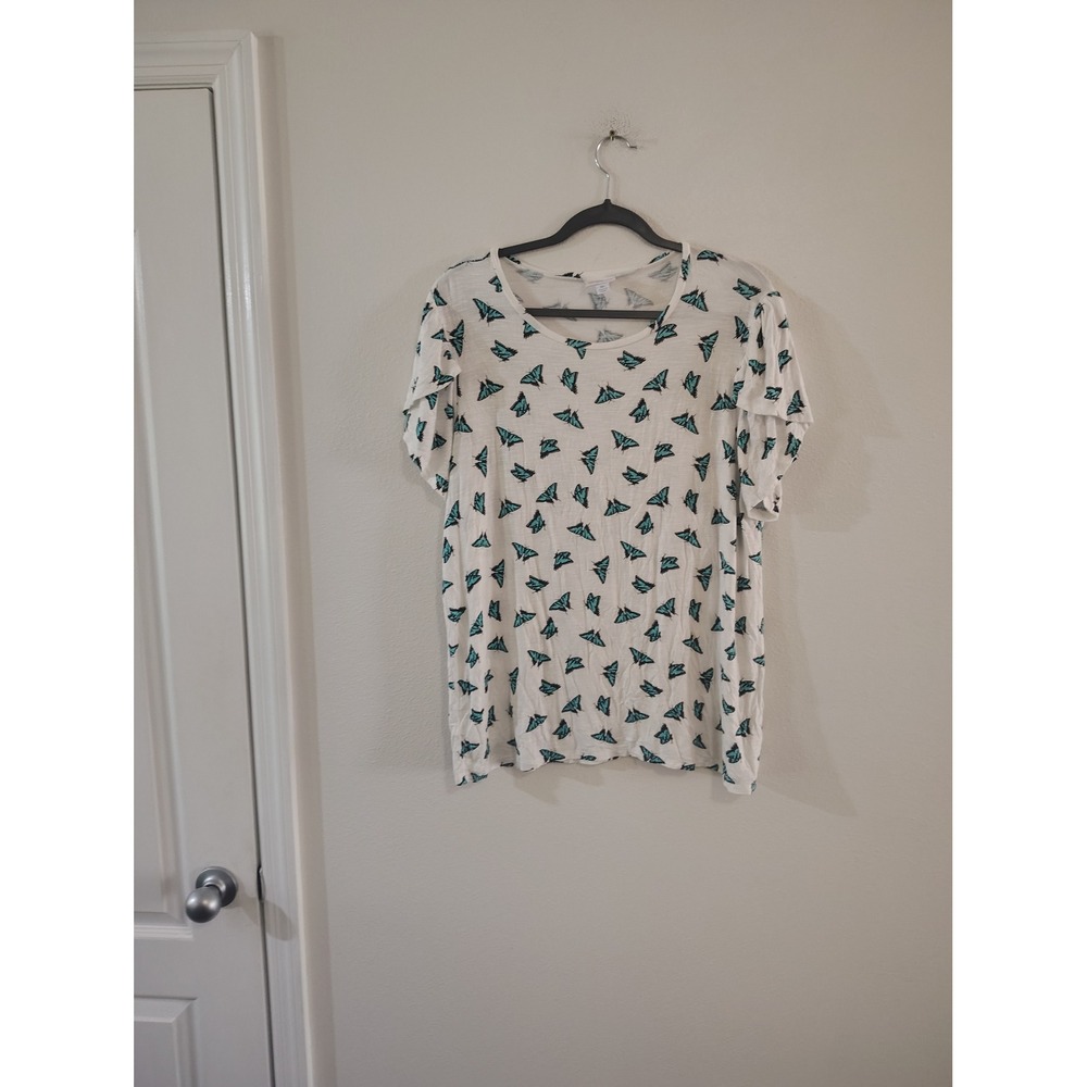 LuLaRoe XL Butterfly Print T-Shirt White Teal Short Sleeve Scoop Neck Top